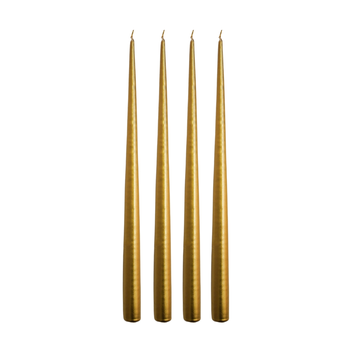 Four slim tapered gold taper candles standing upright side by side on a plain white background.