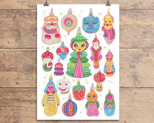 Christmas Cards. illustrated with vintage baubles. Blank inside.