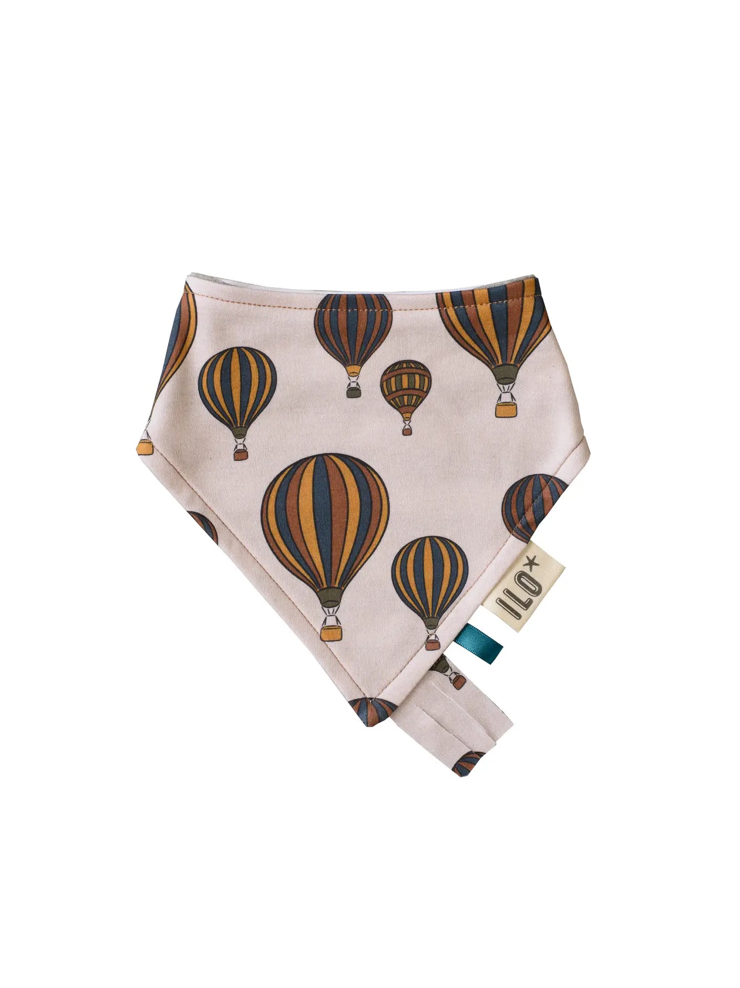 Reversible organic fabric hot air balloon design bib for 0 to 2 years.