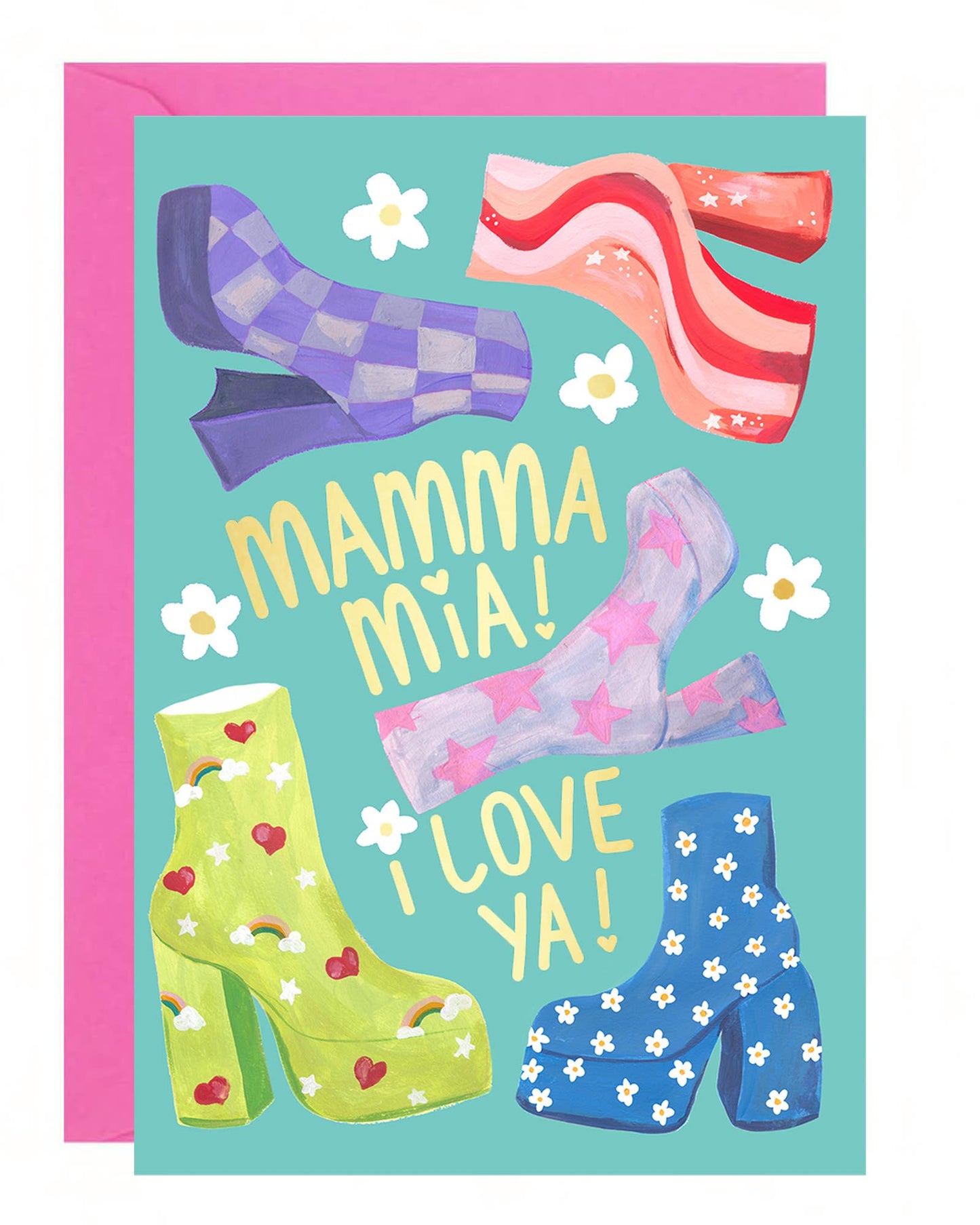 Colorful card with high-heeled shoes and colorful socks on a teal background