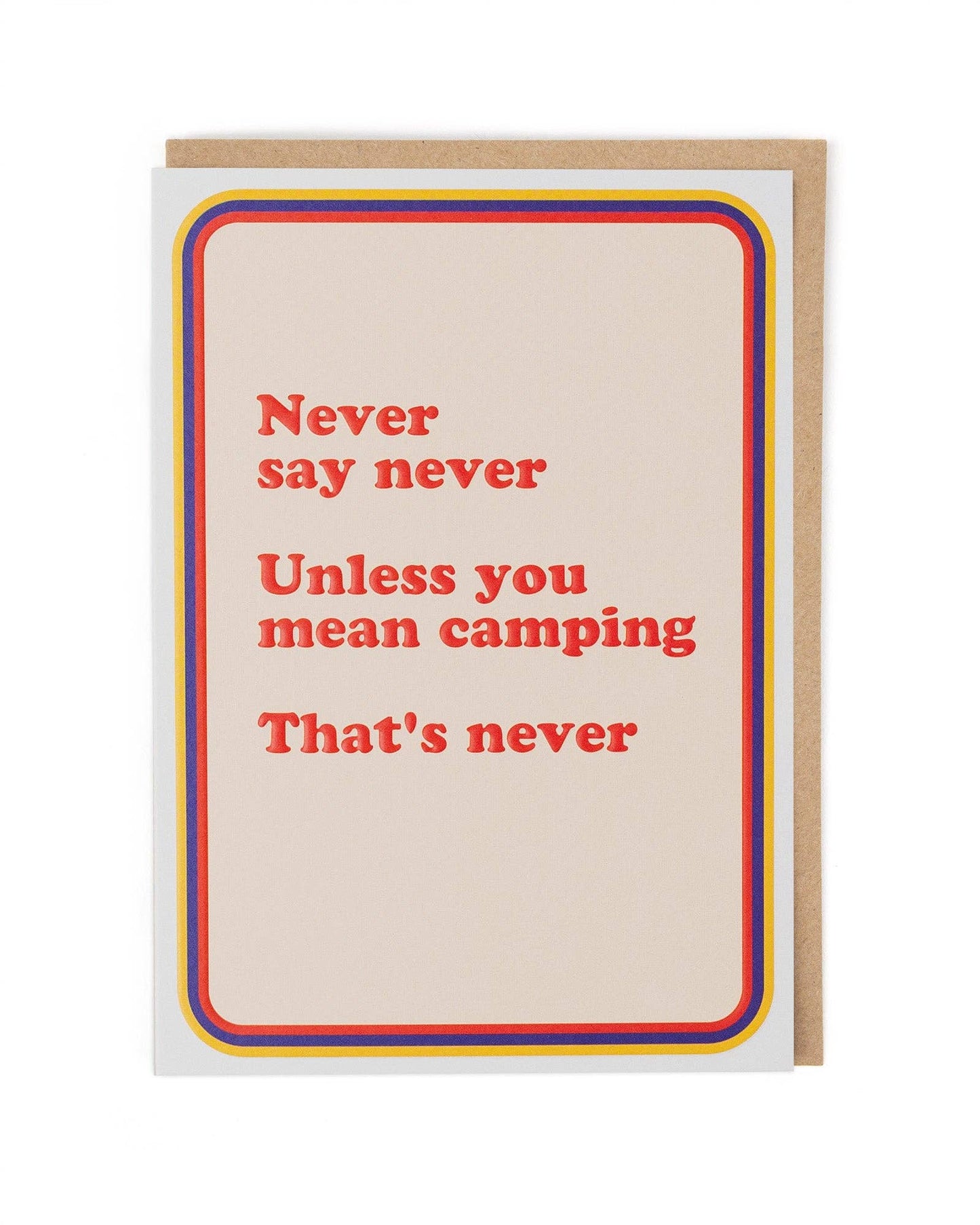 Card with red text on a beige background with a colorful border