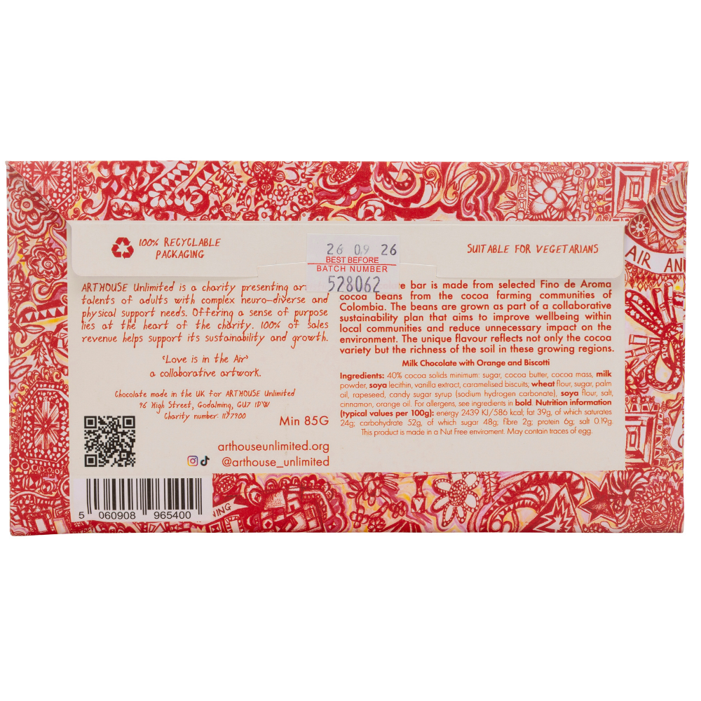 Back of a chocolate bar packaging with red and white design and text.