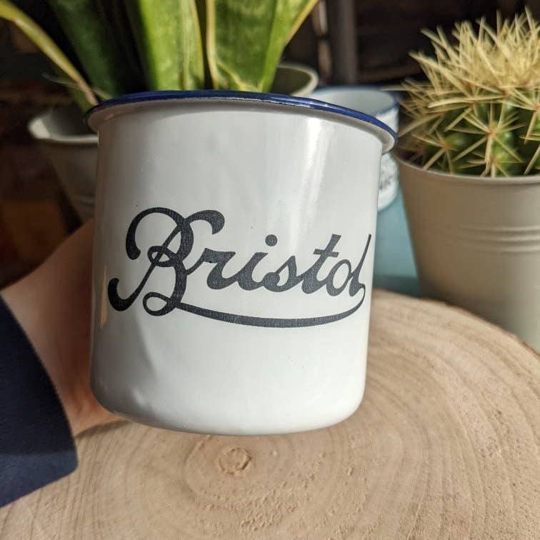 Enamel tin mug with laser cut scroll Bristol or I Fucking Love Bristol.