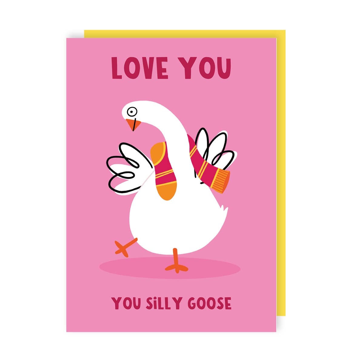 Card with a goose illustration and text on a pink background