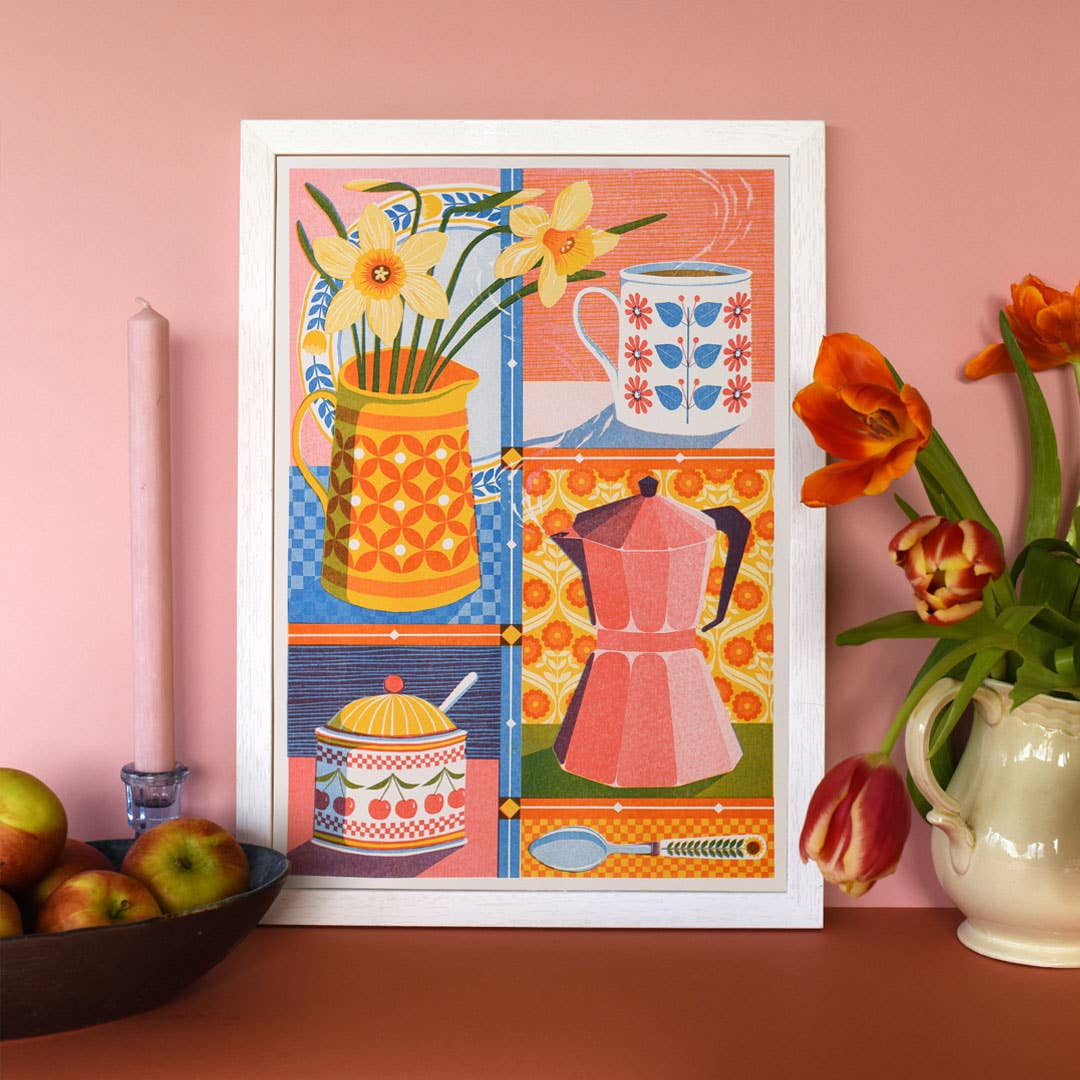 Coffee & Daffodil | A3 Risograph Print, wall art | Spring, kitchen