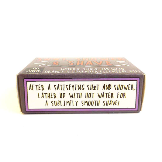 Shave bar packaging with humorous text on a white background