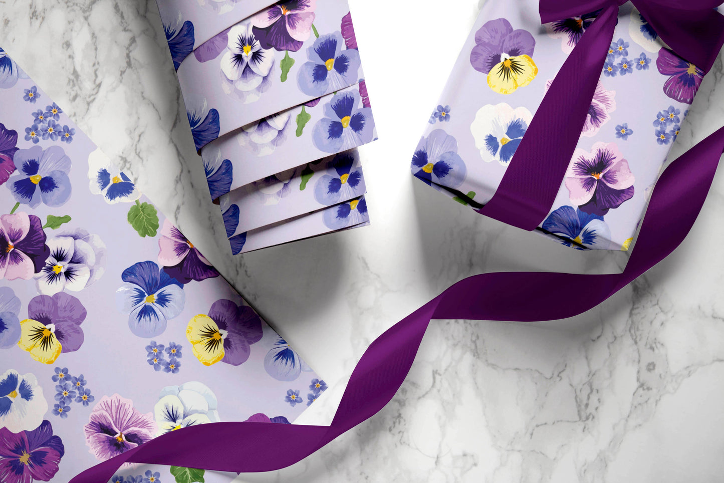 Lilac gift wrap with pansies