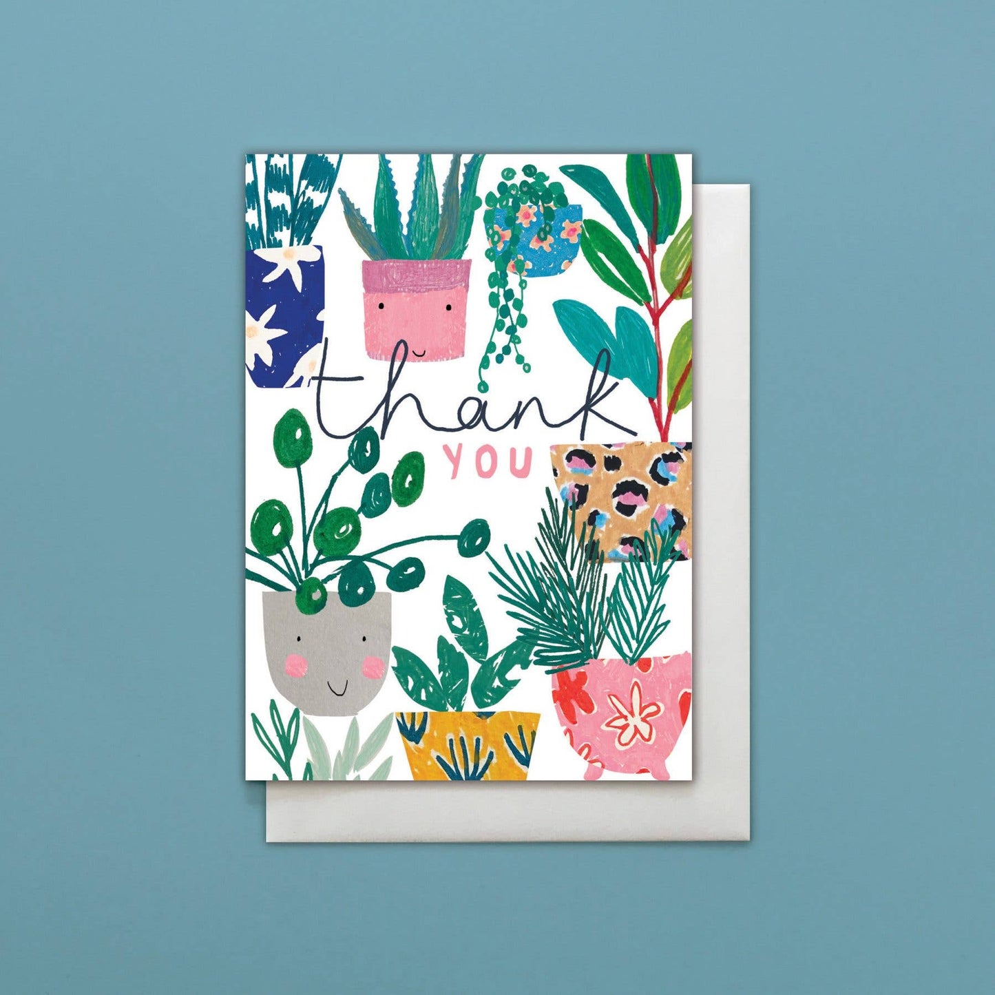Greeting card with plant illustrations and 'thank you' text on a blue background