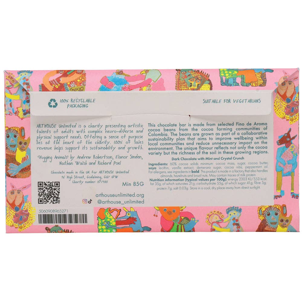 Chocolate bar packaging with colorful illustrations and text on a pink background