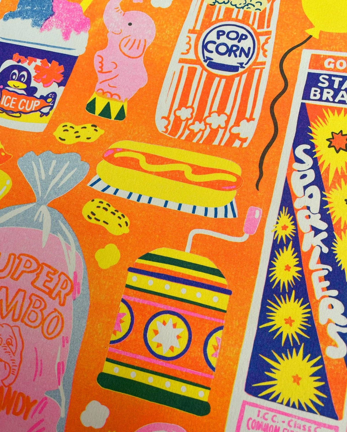 Colorful pattern with popcorn, candy, and other vintage-style items on an orange background