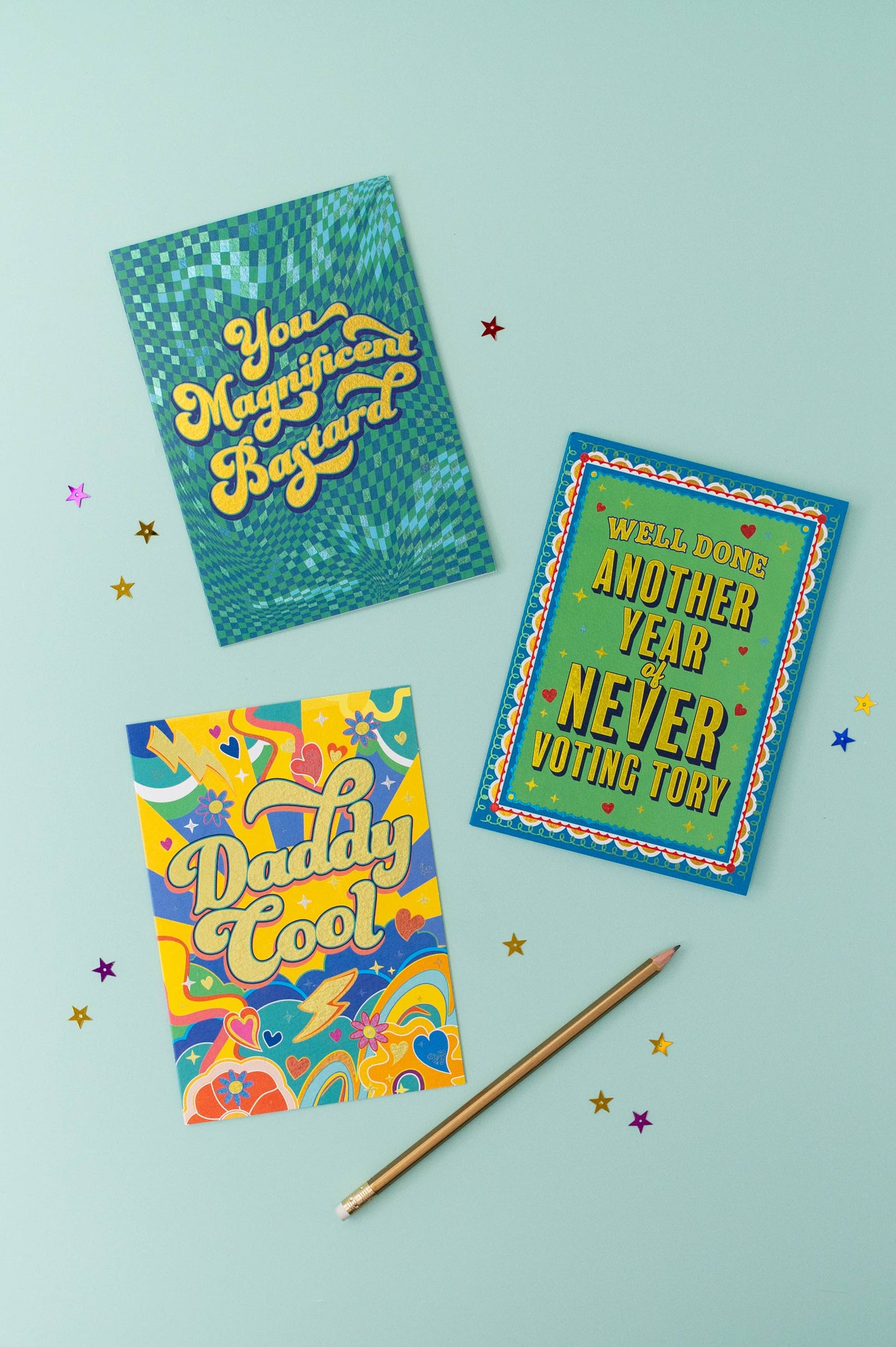 Gold Daddy Cool Card with vibrant colours . Blank inside.