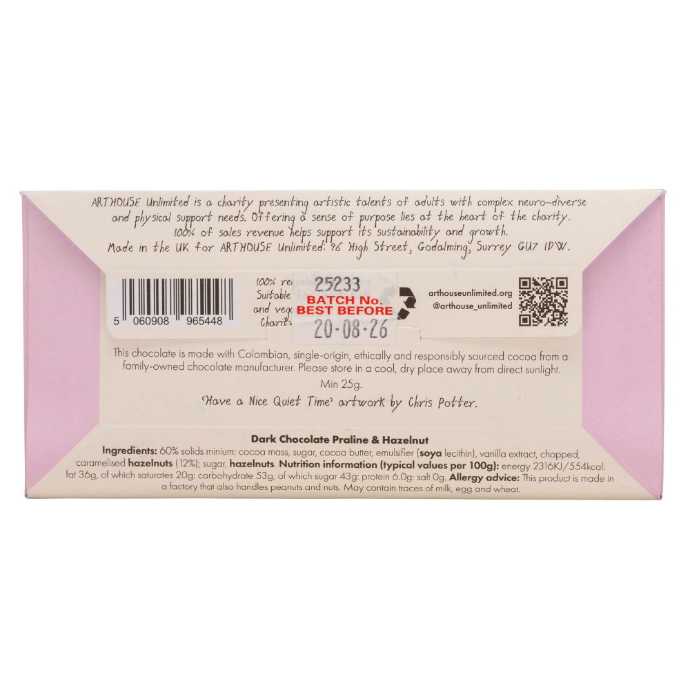 Back of a chocolate bar packaging with text and a QR code on a white background