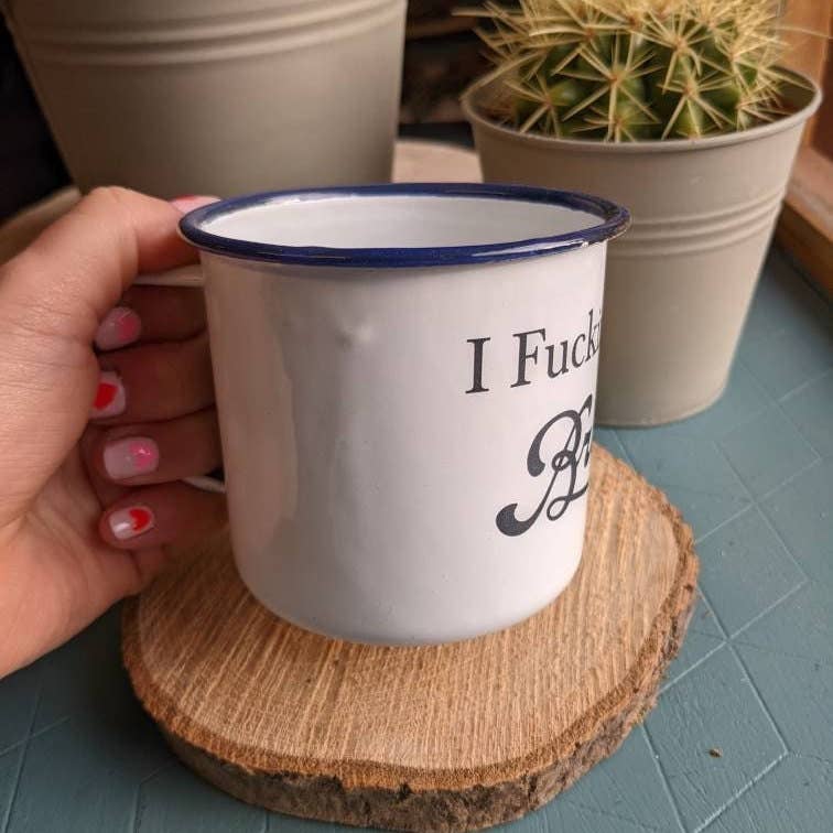 Enamel tin mug with laser cut scroll Bristol or I Fucking Love Bristol.