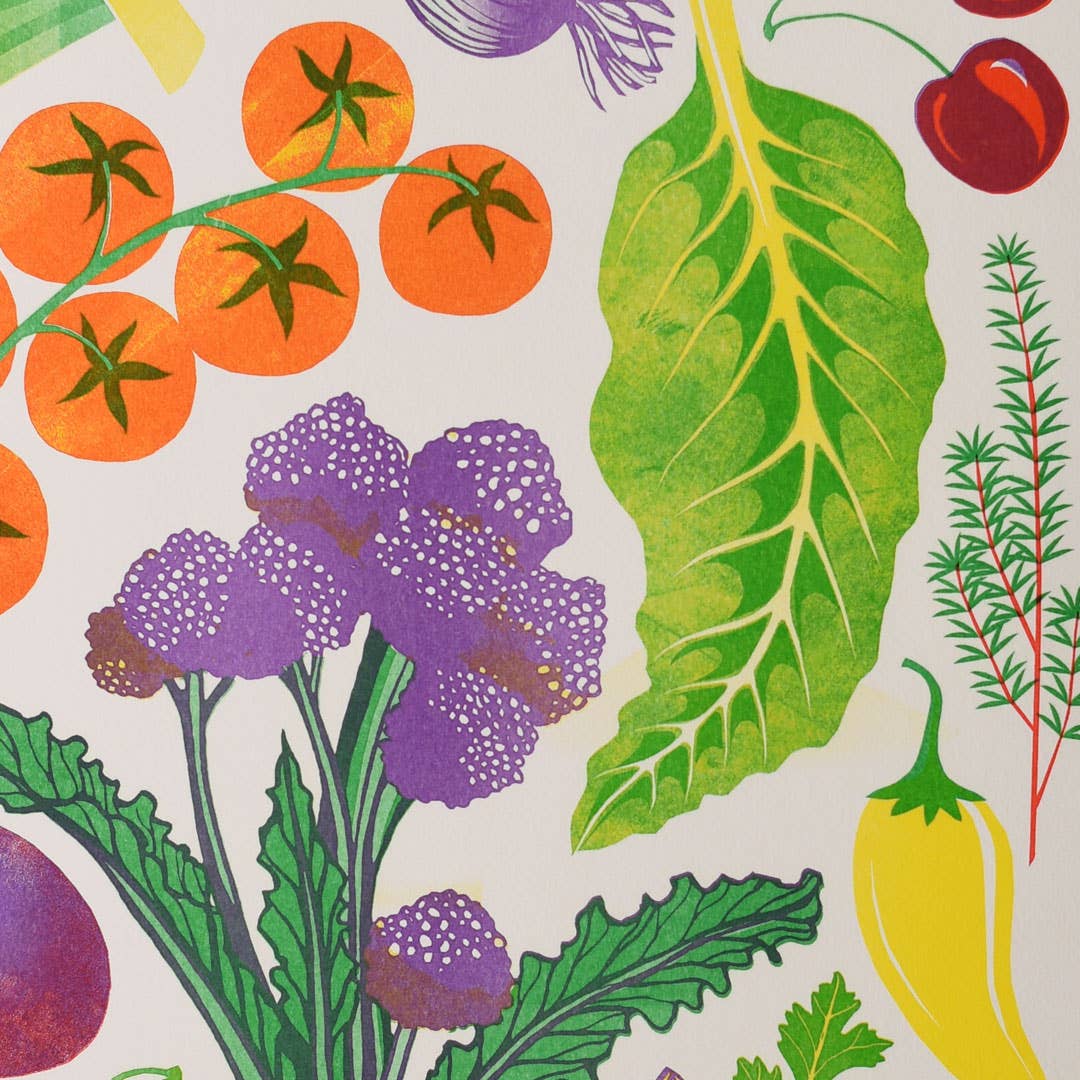 Colourful risograph print of vegetables.i