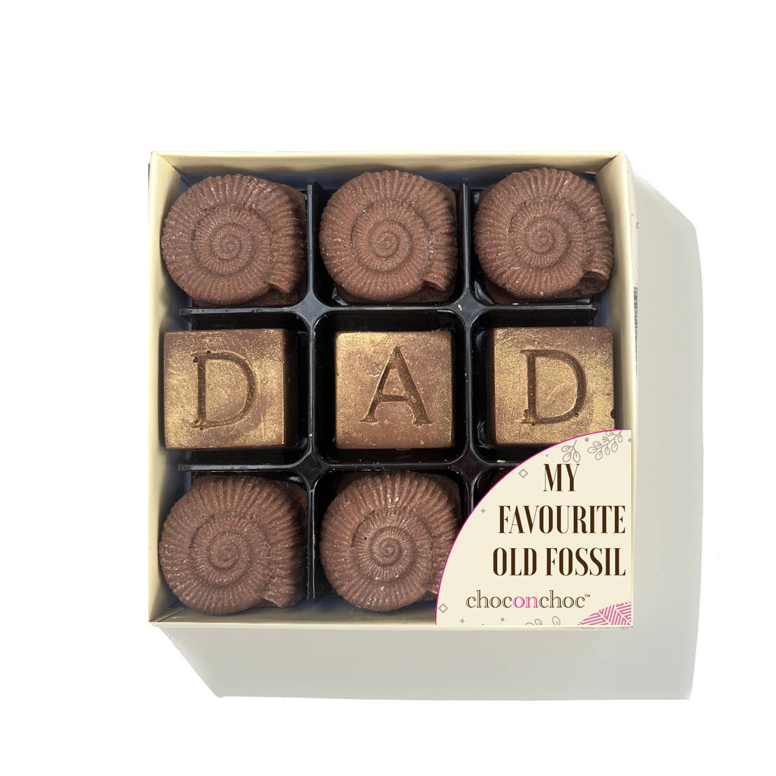 The finest Belgium chocolate shaped like fossils and square cubes with the word Dad embossed on the top.