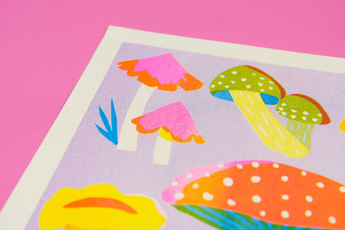 Colorful mushroom illustrations on a purple sheet with a pink background