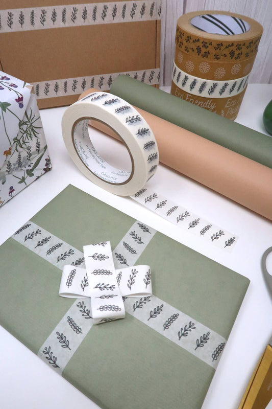 Decorative tape and paper with floral patterns on a white surface