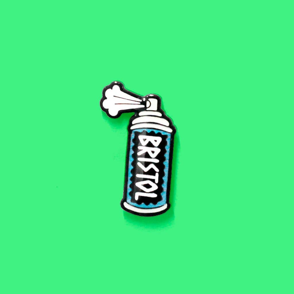 Spray can pin with 'Bristol' text on a green background