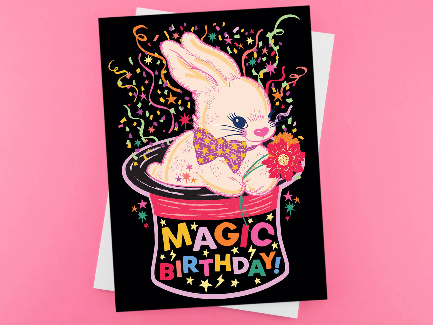 Magic Rabbit Birthday Card. Blank inside. Rabbit in a top hat.