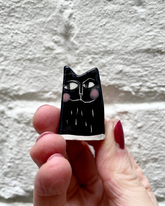 Black cat-shaped brooch held in a hand against a textured wall background