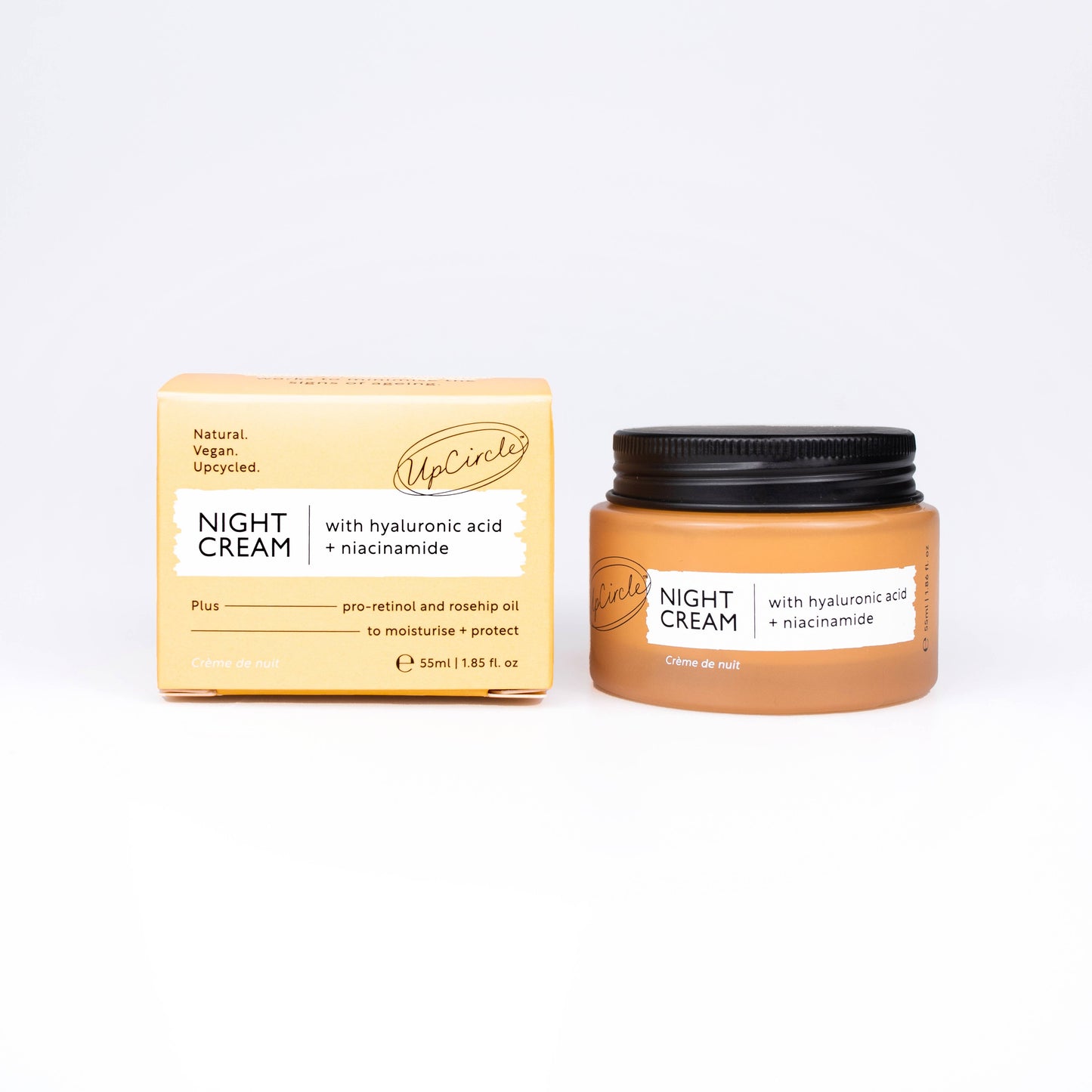 Natural Vegan night cream in glass jar. containing hyaluronic acid and niacinamide
