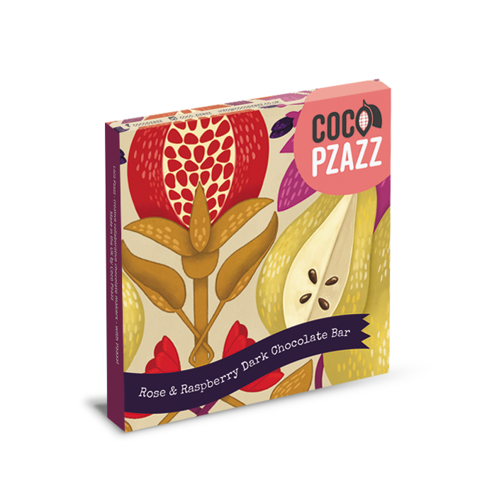 Coco Pzazz chocolate bar packaging with fruit illustration on a white background