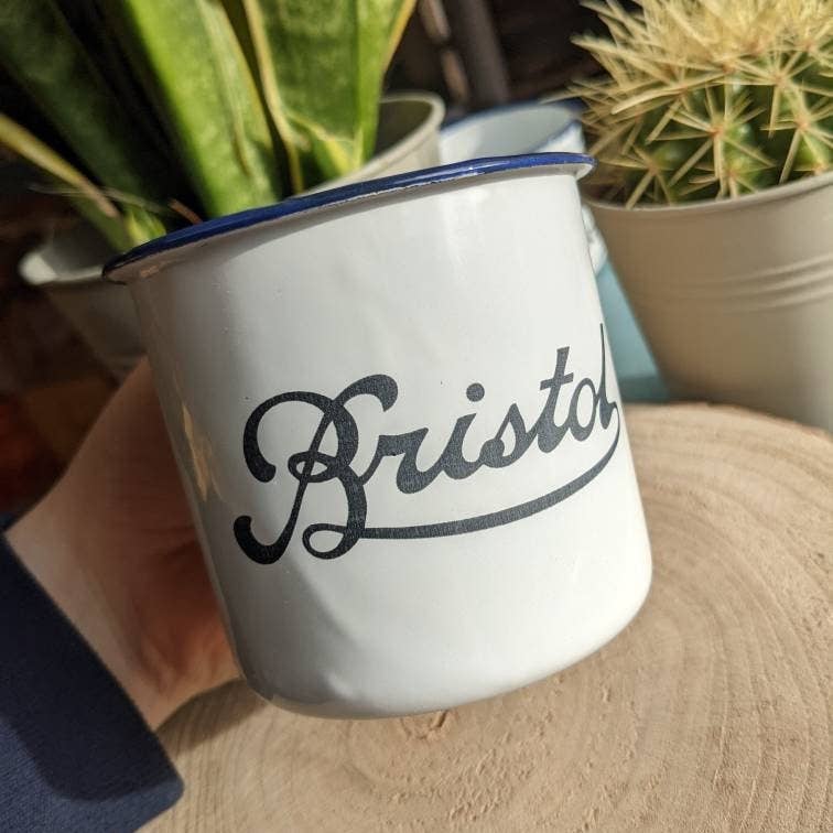 Enamel tin mug with laser cut scroll Bristol or I Fucking Love Bristol.