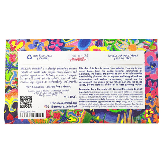 Colorful chocolate bar packaging with text and QR code on a white background