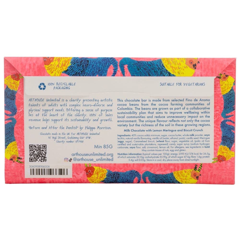 The back of a packaged chocolate bar from Arthouse Unlimited, featuring a colorful abstract pattern in pink, yellow, and blue on the top and bottom, with a white text panel in the center containing product details, a QR code, and a barcode.