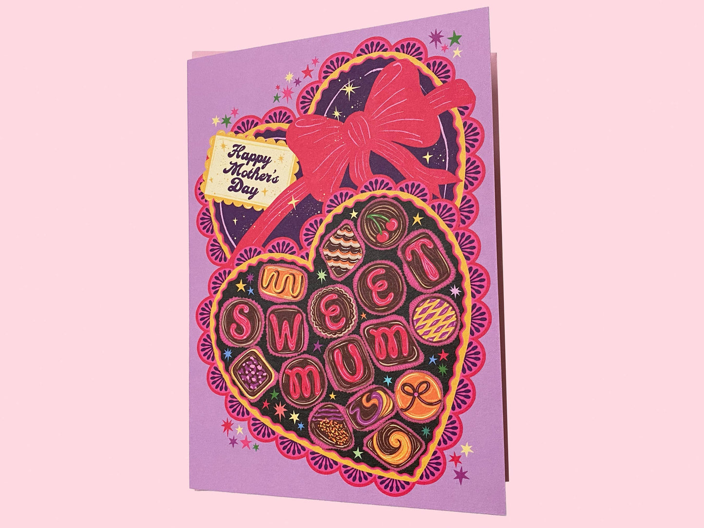 Mother's Day Card, blank inside. Chocolate box in heart shape with sweet Mum