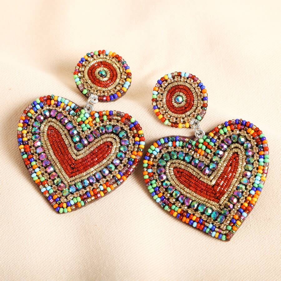 Rainbow Beaded Heart Drop Earrings