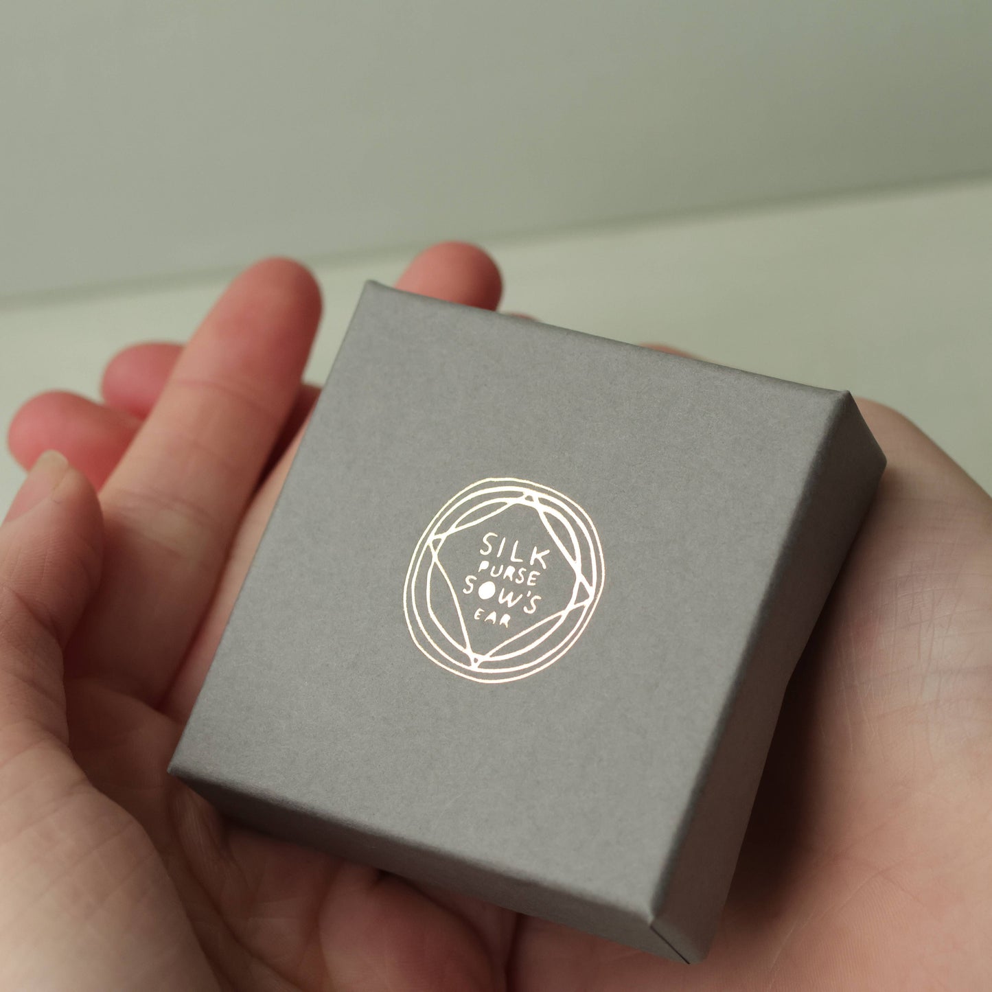Hand holding a small gray box with 'Silk Purse Sows Ear' branding.