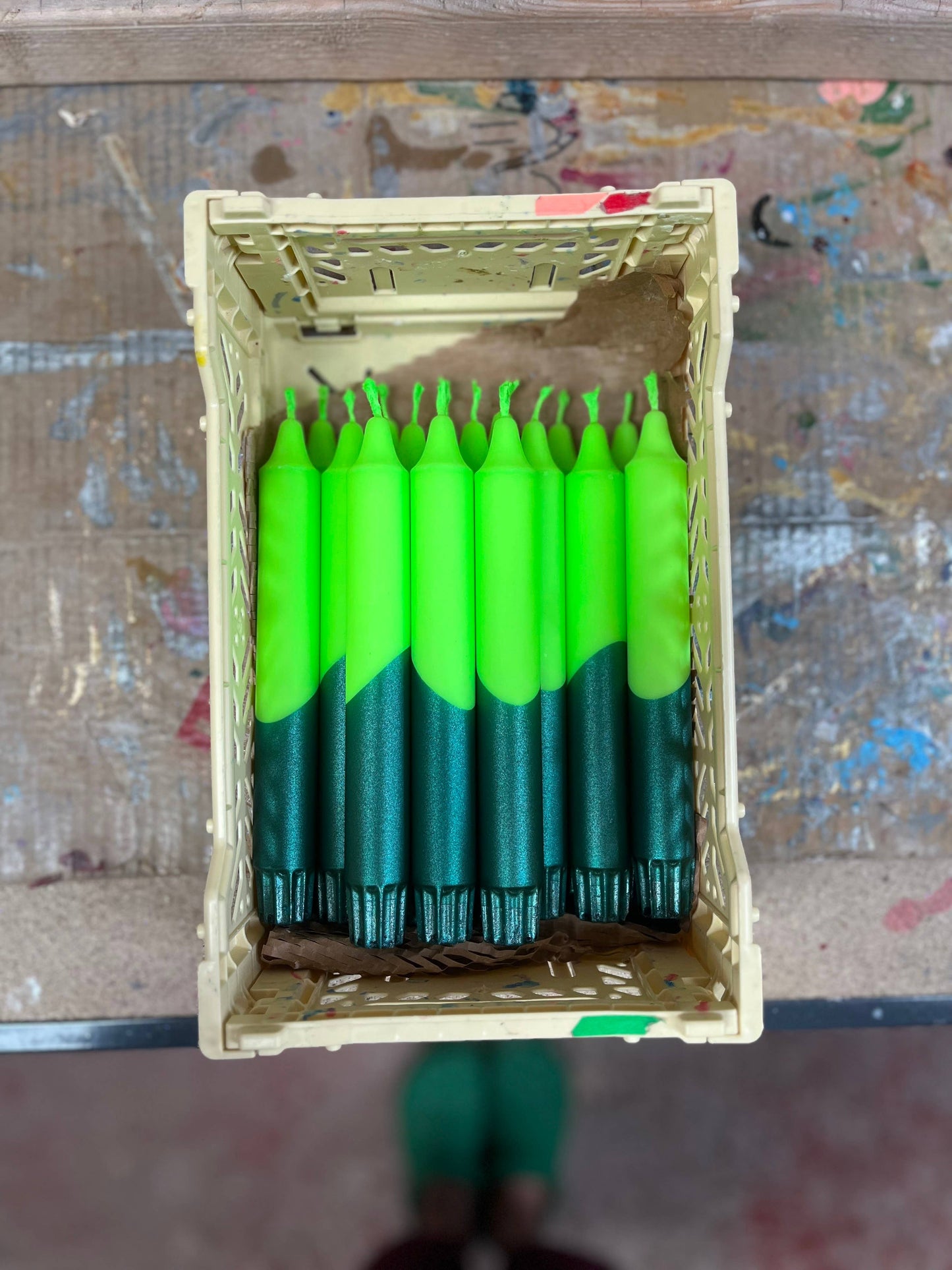 Neon green with dark green metallic dip Dinner Candle