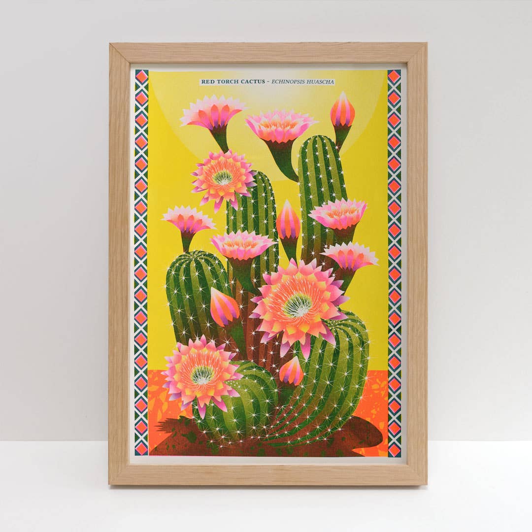 Risograph print of a flower cactus.