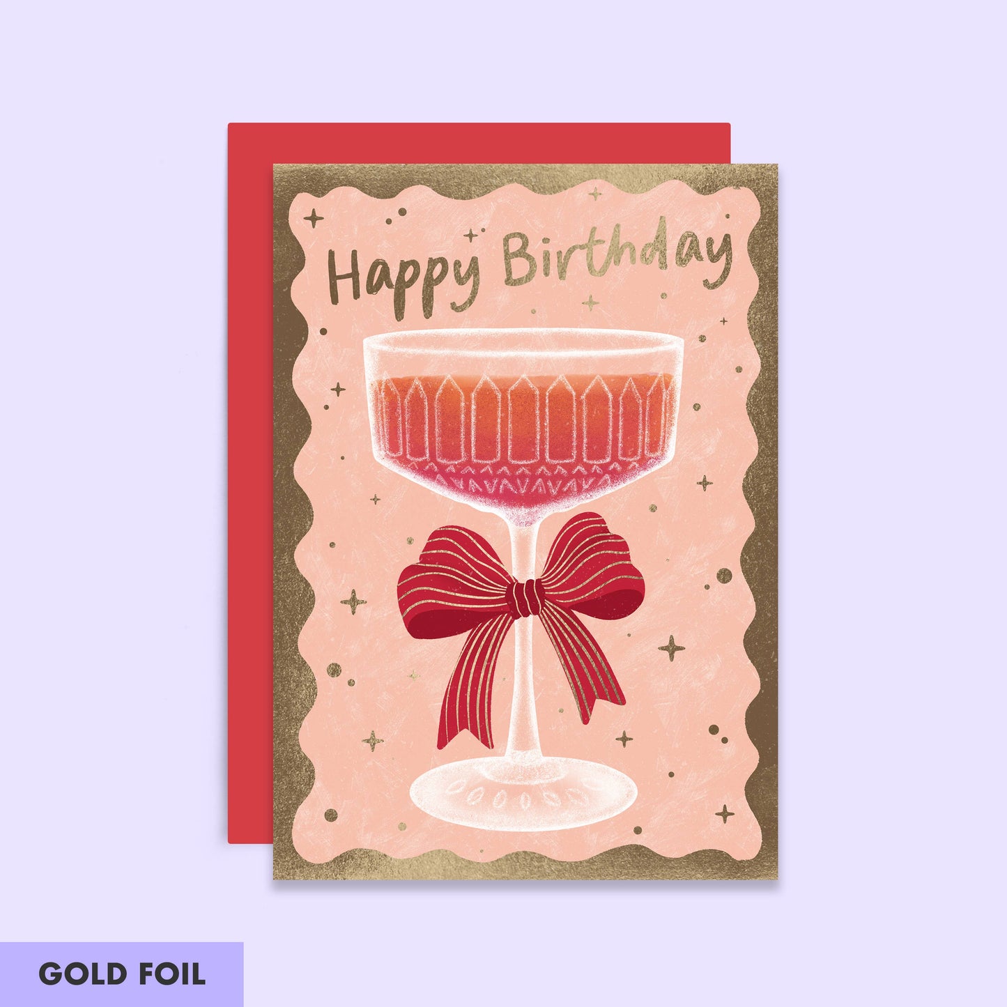 Birthday Card with a champagne coup with a bow attached.