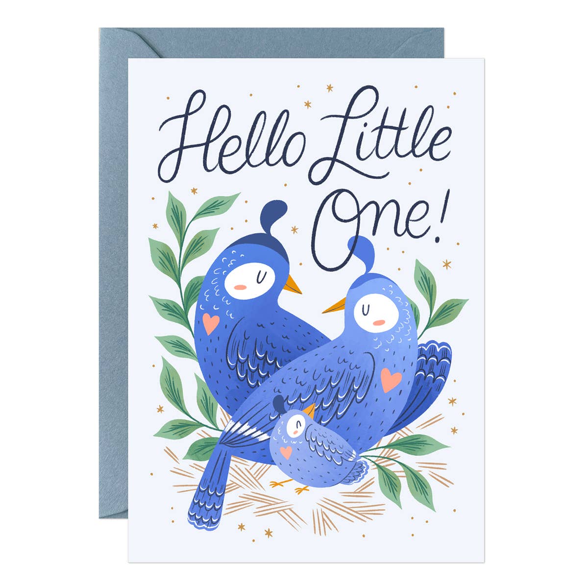 Hello Little One. New Baby Card. Love Birds with a baby bird.