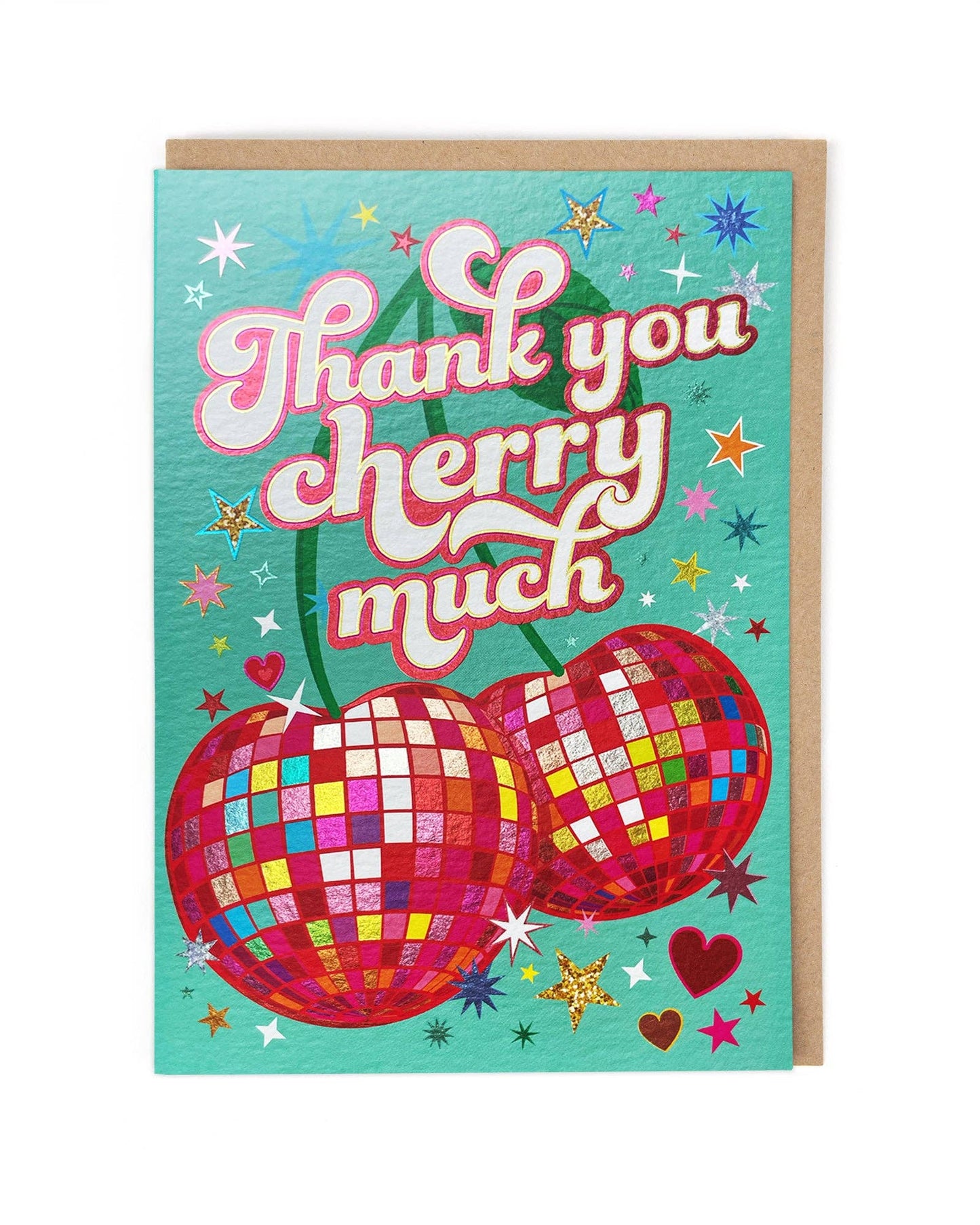 Greeting card with disco cherries and 'Thank you cherry much' text on a teal background