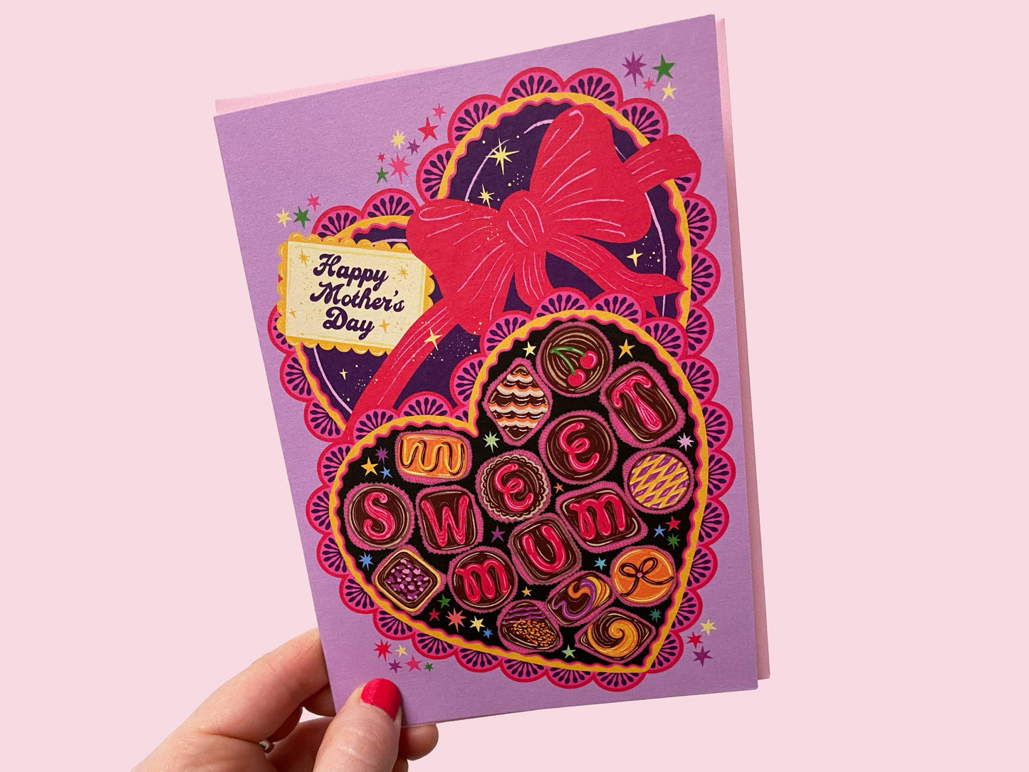 Mother's Day Card, blank inside. Chocolate box in heart shape with sweet Mum