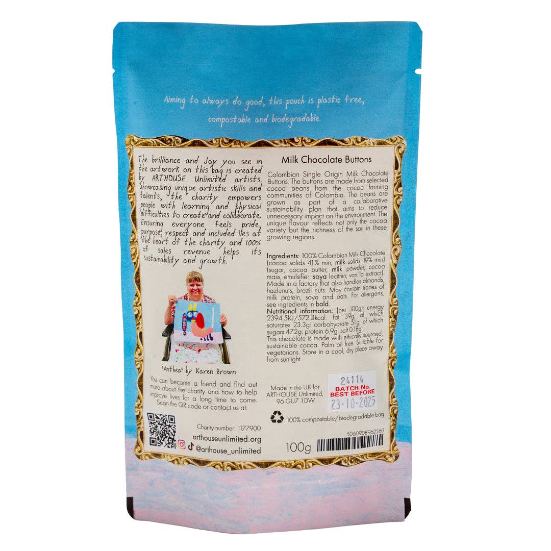 Back of a chocolate packaging with text and a QR code on a white background