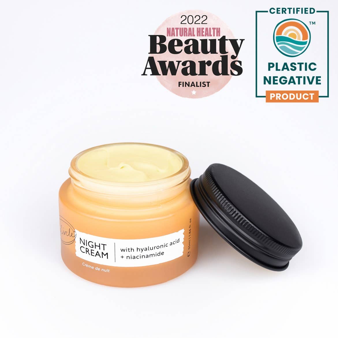Natural Vegan night cream in glass jar. containing hyaluronic acid and niacinamide