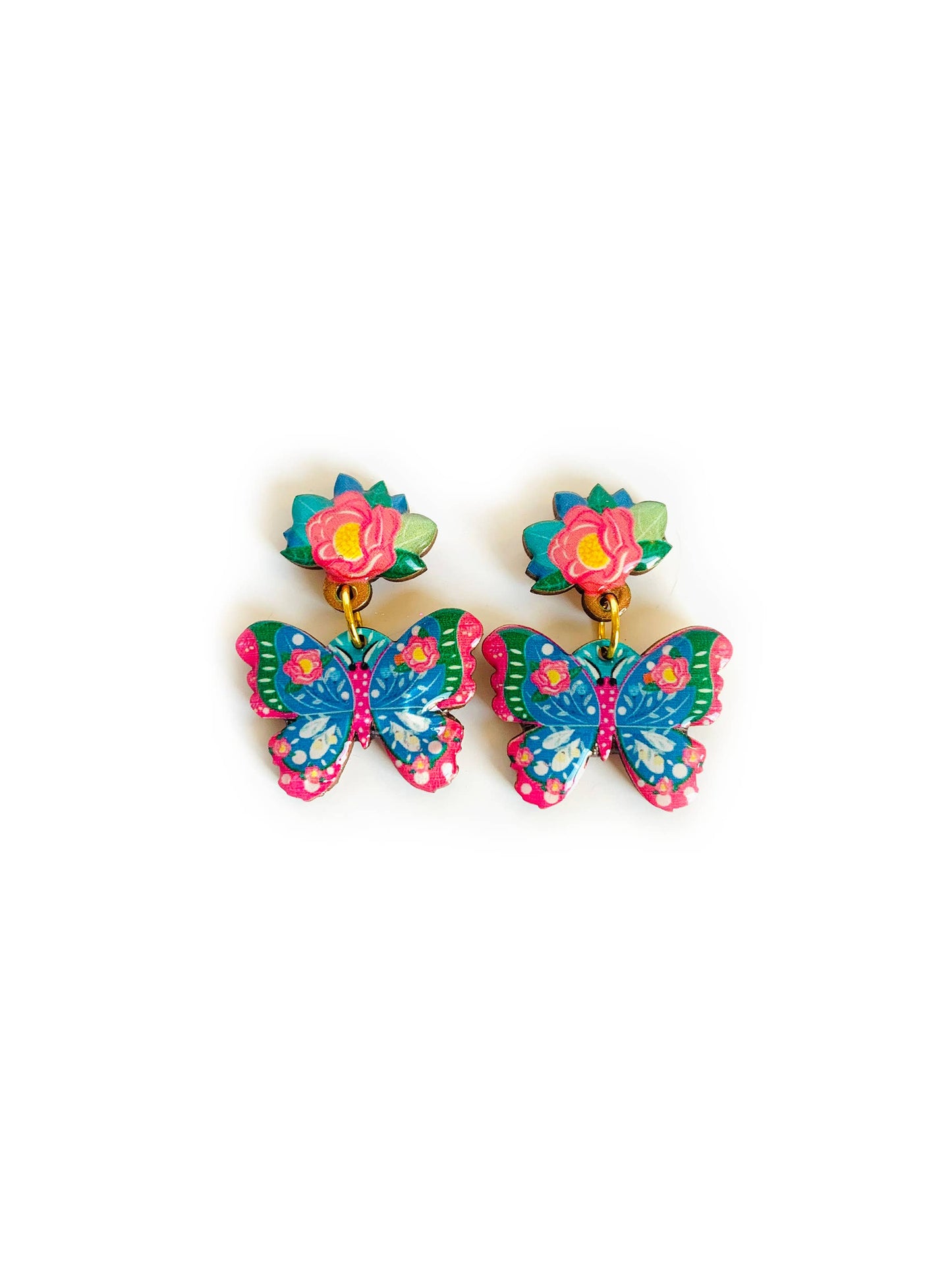 Floral and butterfly wooden and enamel earrings.