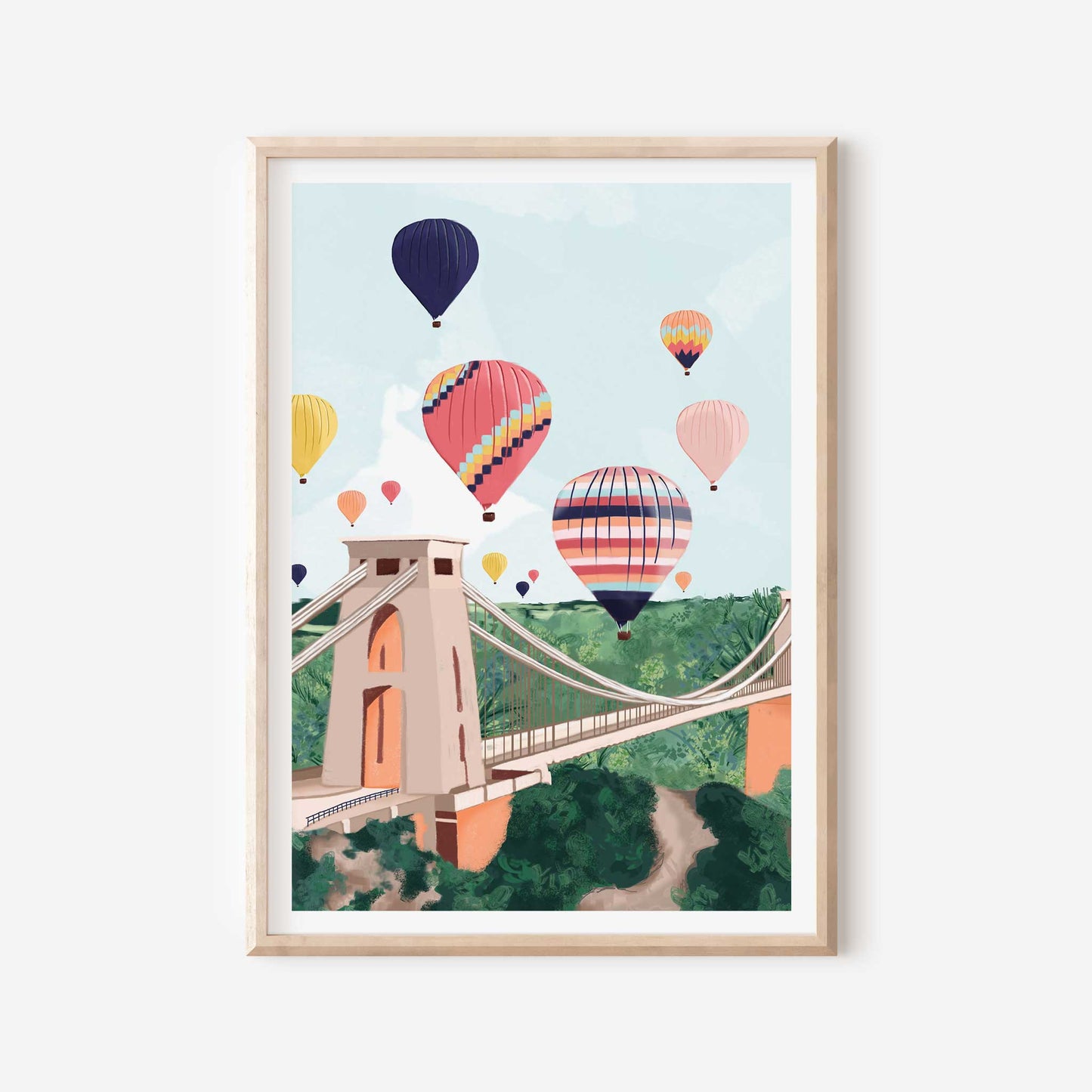 Colourful illustration of Clifton Suspension Bridge in Bristol with hot air balloons