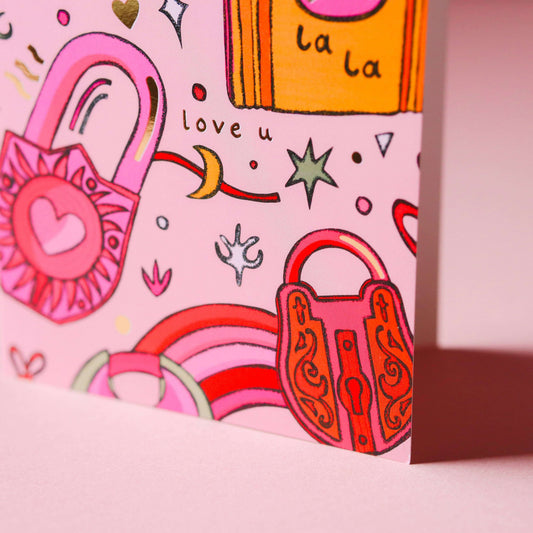 Love locks card, Paris inspired card in pink & orange, Valentines day cards, love cards