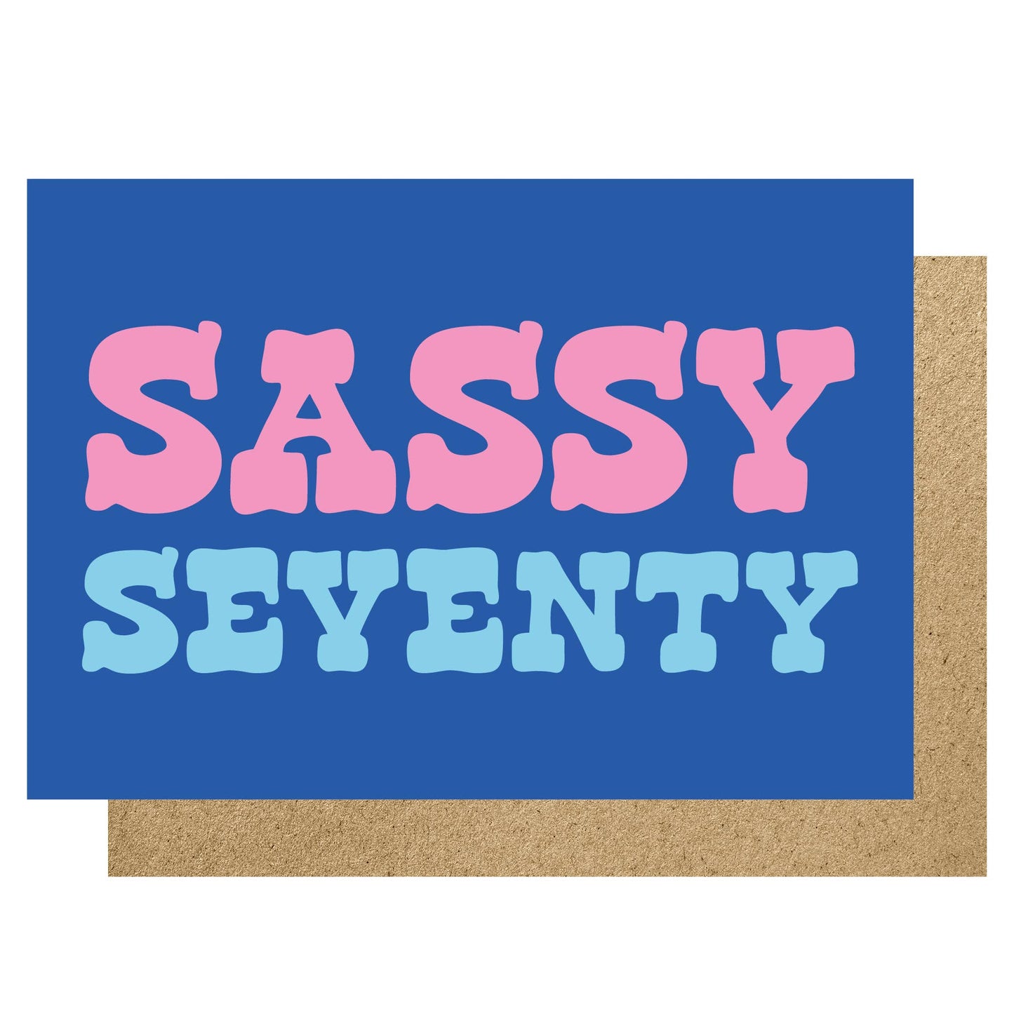 Card with 'Sassy Seventy' text on a blue background