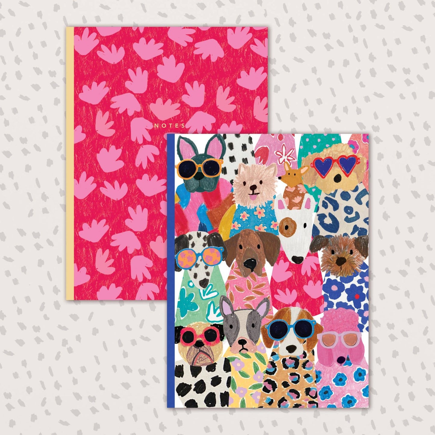 Two notebooks with colorful designs on a white background