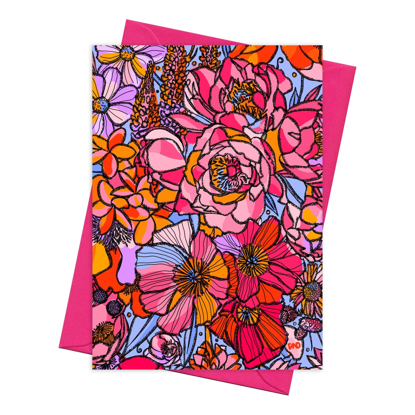 Brightly coloured floral greetings card, blank inside.
