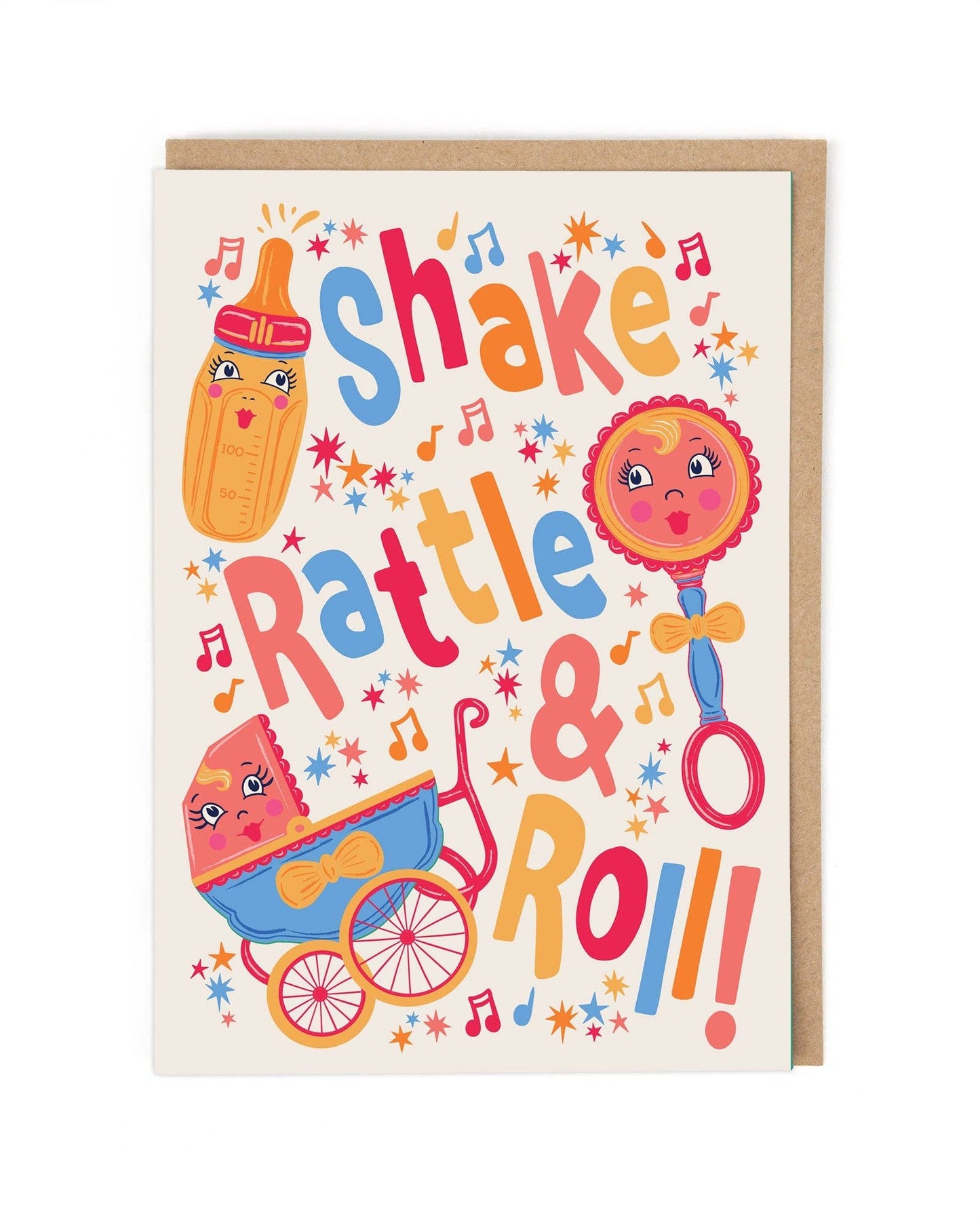 Colorful greeting card with baby toys and text 'Shake Rattle & Roll' on a white background.