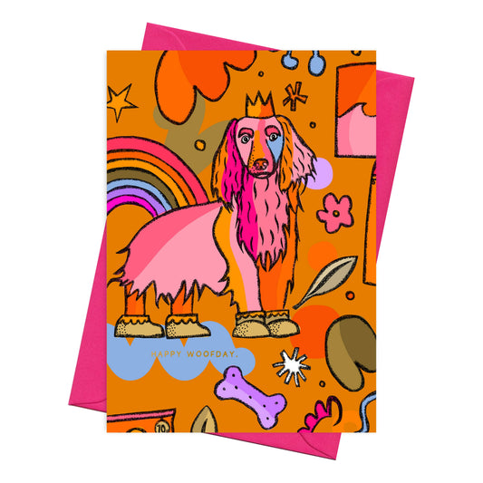Card featuring a dachshund wearing crown. Happy Woofday Card