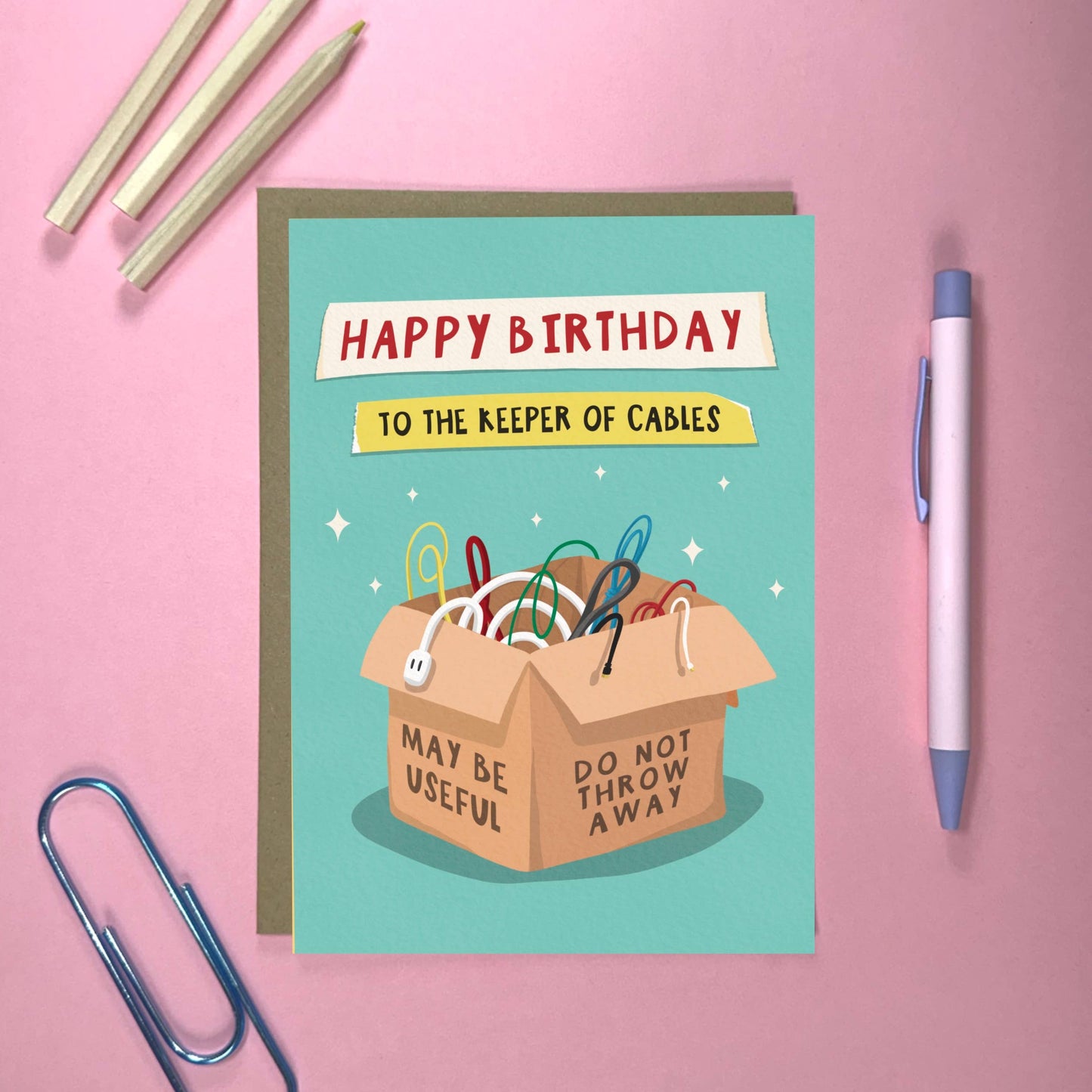 Whimsical Birthday Card. Happy Birthday to the keeper of cables.