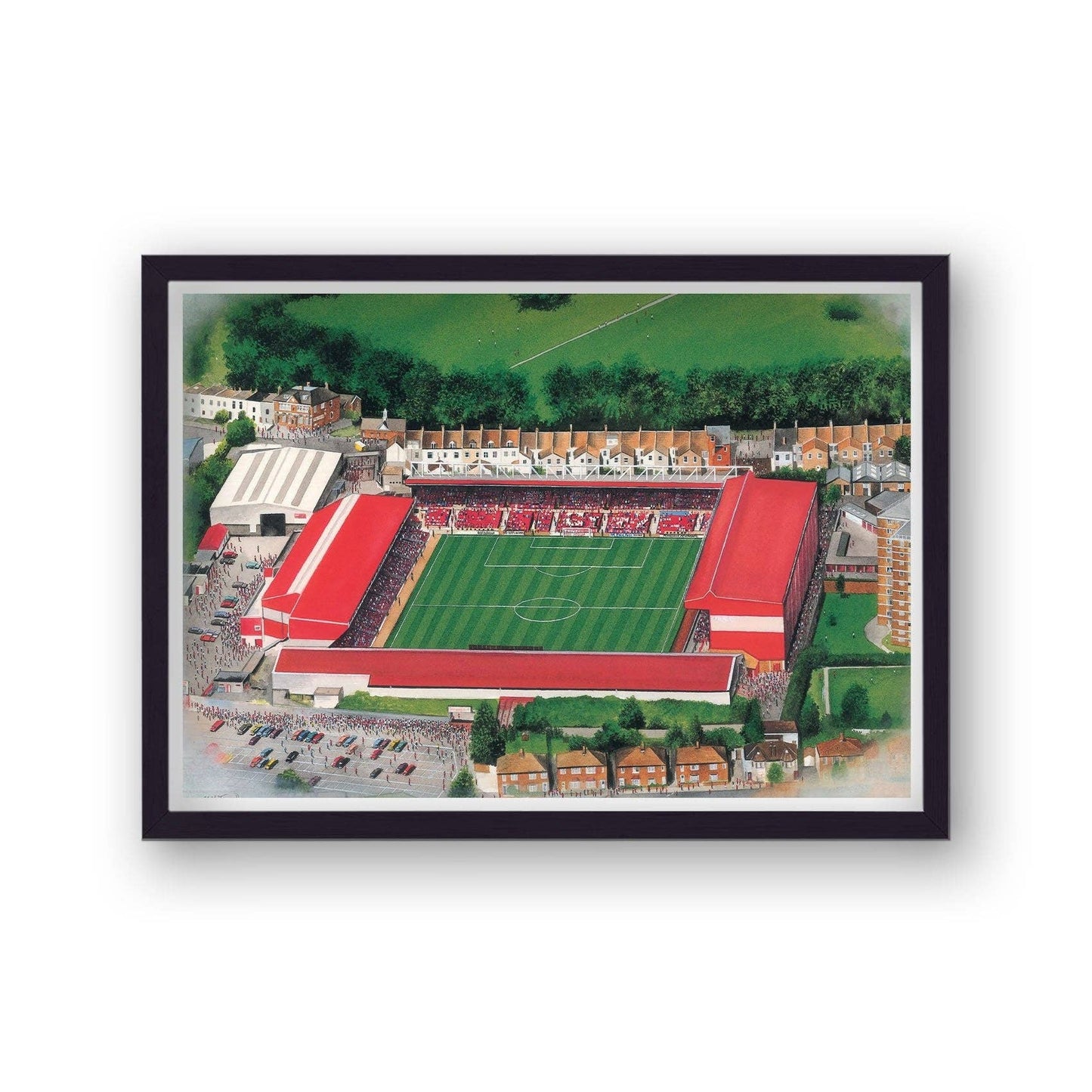 Framed artwork of a stadium with red roof and green field